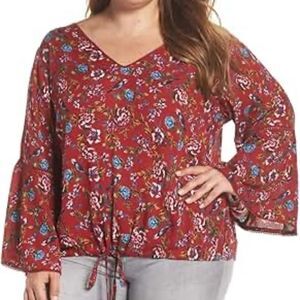 Angie Top Womens plus Size 3X Printed Woven Boho Floral Red Tunic Rayon Blouse